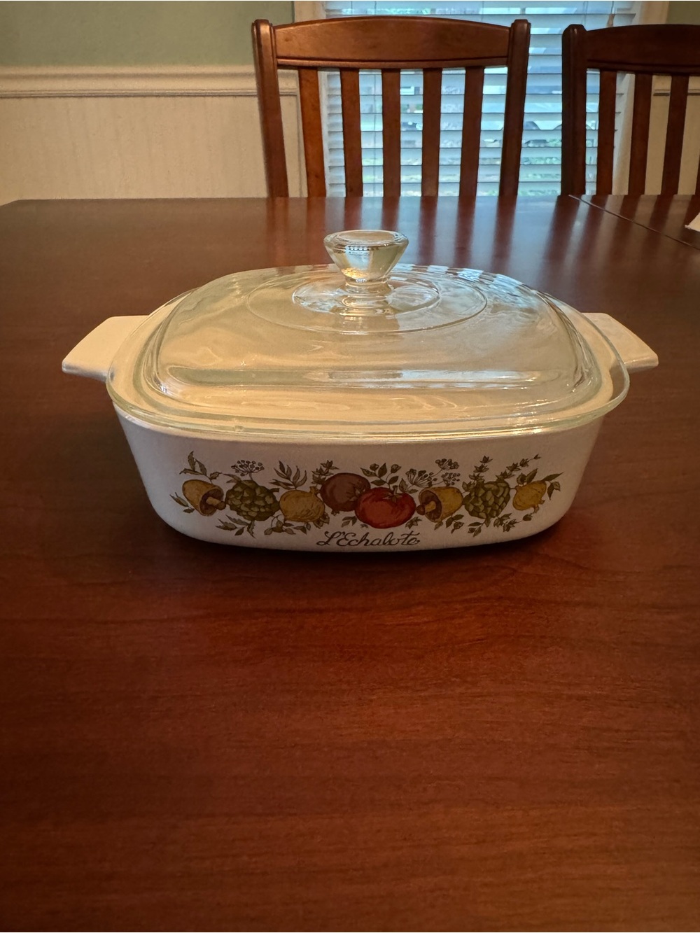 Corningware White Casserole Dish with Multicolor Vegetable Pattern and Glass Lid